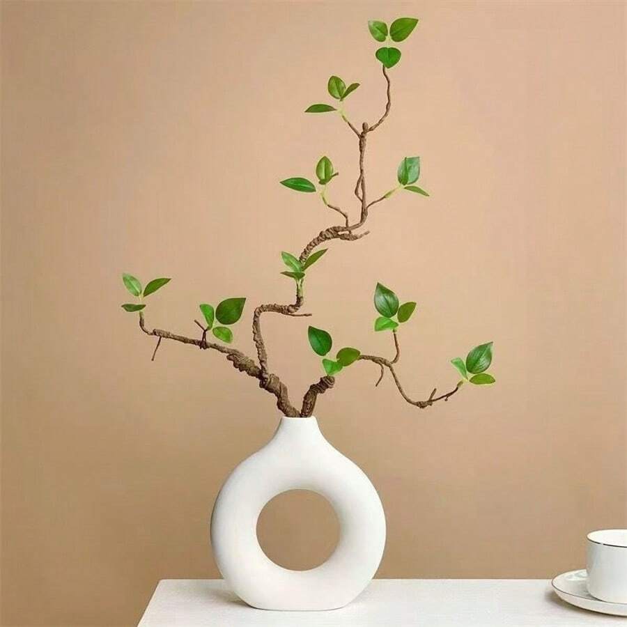 1pc Nordic Style Plastic Vase Decor, Round Vase For Dried Flowers, Living Room, Dining Table, TV Cabinet, Lightweight Luxury Home Decor, Solid Color Donut Vase - Multicolor - View 1