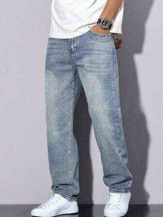 Teen Boy Straight Leg Casual Jeans With Pockets, Minimalist & Fashionable