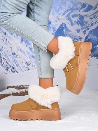 Retro Thick Sole Faux Thermal Lined Snow Boots For Women, Simple & Versatile, Warm Padded Shoes, Autumn/Winter 2025
