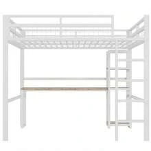 Hochbett 140x200 cm in Schwarz | Eisenrahmen mit Einlegeböden & Schreibtisch | Steckdose+USB-C & Sicherheitsgeländer | Mit Trittleiter ohne Matratze