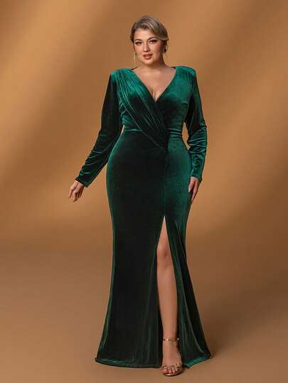 Faeriesty Mosy Plus Size Mother Of The Bride Dresses | V-Neck Long Sleeve Formal Gown With Thigh High Slit & Mermaid Hem | Wedding Receptions, Red Carpet Galas, Evening Banquets, Award Ceremonies