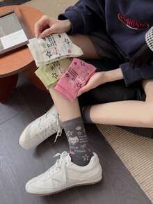 5 Pairs Women's Fashion Cute Cartoon Animal Letter Bow Pattern Anime School Style Comfortable Breathable Mid-Calf Socks