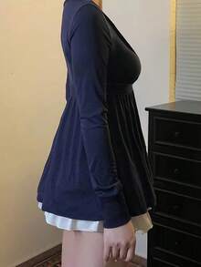 Y2K 阳光女孩风格女士V领性感修身针织长袖上衣，休闲百搭，适合夏季约会和居家穿着。 - 藏蓝色 - 查看 7