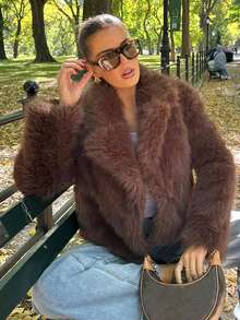 HH 女式冬季优雅纯色仿皮草效果长袖开衫外套女式休闲高街口袋外套 - 棕色 - 查看 11