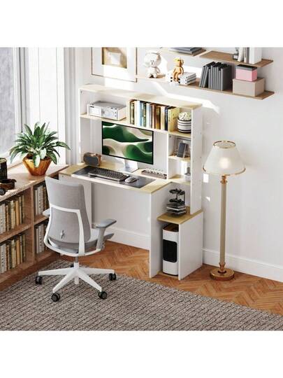 HOMCOM 113 45 Computer Desk, Office Bureau Open Shelves, CPU Holder, Steel Frame Home Office, Bedroom, Oak Finish view 2