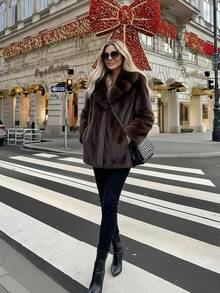 2025 Winter New Faux Fur Casual Fashion Jacket, Retro Lapel Loose Long Sleeve Coat For Women - Coffee Brown - View 5