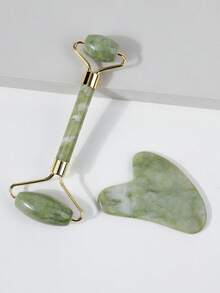 2pcs Resin Massage Roller Set - Double-Headed Massage Roller + Massage Gua Sha Board, Eye & Face Massage, Facial Massage Tools, Envelope Bag Packaging - Olive Green - View 7