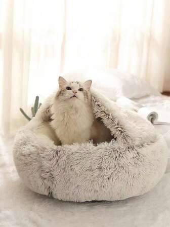 1pc Plush Round Pet Bed, Fluffy Soft Cat Bed, Donut Pet Cushion, Winter 2 In 1 Cat Bed, Warm Sleeping Bag Sofa Cushion