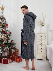 1pc Soft & Comfortable Jacquard Fleece Long Hooded Bathrobe With Pockets, Unisex, Autumn/Winter, Fluffy, Cozy