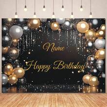 Customizable Name Black Gold Balloon Happy Birthday Backdrop Silver Glitter Sequins Design Personalized Birthday Party Name Design Cake Table Backdrop Decor Photography Prop Vinyl - C - View 3