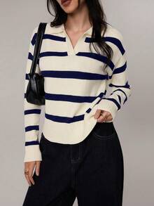 FOR BEAUTY 春秋新款复古条纹撞色长袖 Polo 领针织衫，女士宽松半开襟复古风毕业季套头针织衫