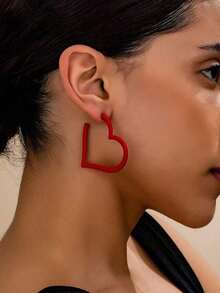 1 Pair Fashion 2025 Valentine's Day New Design Smooth Metal Heart-Shaped Earrings, Matte Red Lacquered Soft Heart Earrings, Versatile & Elegant Earrings For Women, Party & Daily Wear, Valentine's Day Gift - 小型心型耳環 - 查看 2