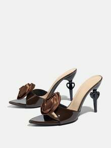 Women's High Heels, Glamorous Rose, Spring/Summer Party, Luxurious 3D Holographic Floral Heart-Shaped Heel, Wide Toe, High-End Mirror Lacquered Leather Texture, Refined Soft Material, Mature Elegant Coffee Brown Sexy Romantic Fashion High Heel Sandals, Pointed Toe Electroplated Stiletto Mules, Suitable For Nightclub, Banquet, Runway, Commute, Office, Outdoor, Dating, Valentine's Day, Mother's Day, Women's Day, Gift - Coffee Brown - View 5