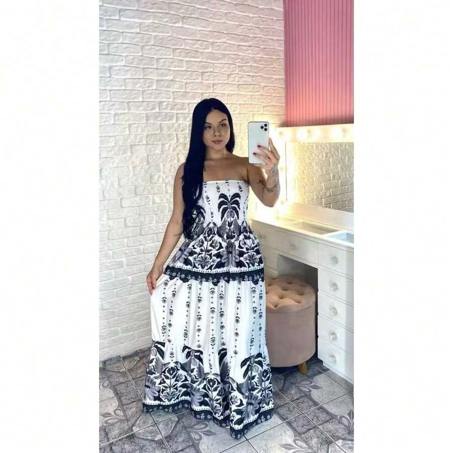LONG STRAP-OFF DRESS WITH ELASTEX FLORAL PRINT SUMMER FAST SHIPPING - In 4 - Xem 1