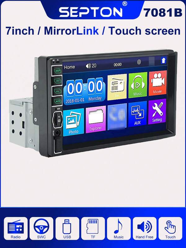 SEPTON 1 pieza SEPTON 1 Din Radio de coche de 7 pulgadas Reproductor MP5 con pantalla táctil Compatible con Automotive Mirror Link para reproductor multimedia universal de coche con FM/BT