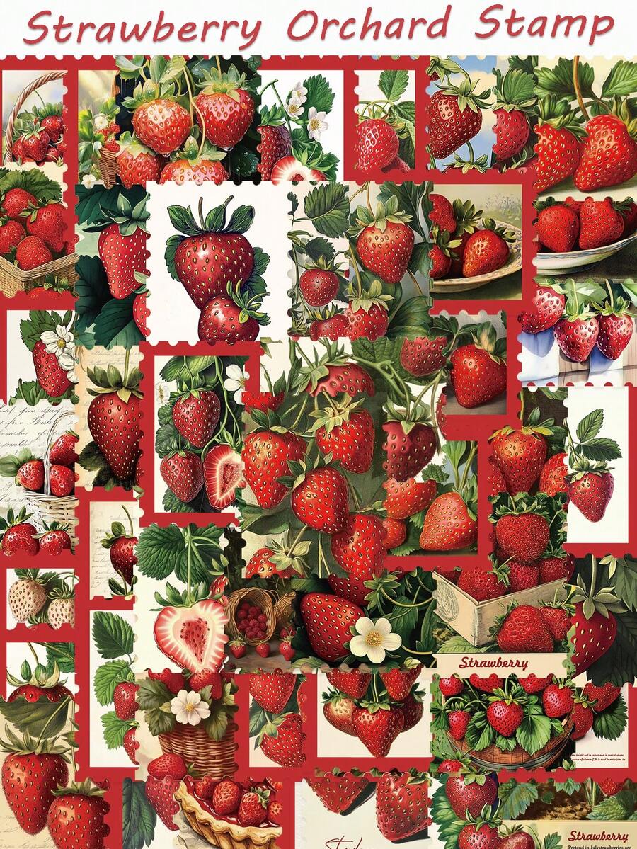 50张草莓果园邮票贴纸美味水果贴花DIY手册吉他行李冰箱文具贴纸女士 - 彩色 - 查看 1