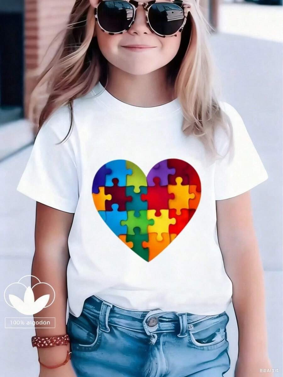 Esta elegante y nueva camiseta de manga corta para niña, 100 % algodón, luce un bonito estampado de corazones. Hecha de tela suave, esta camiseta holgada y versátil es cómoda y agradable al tacto. Ya sea para una reunión familiar, una actividad escolar o para jugar, esta camiseta permite que tu hija se mueva con libertad y comodidad. - Blanco - Ver 1