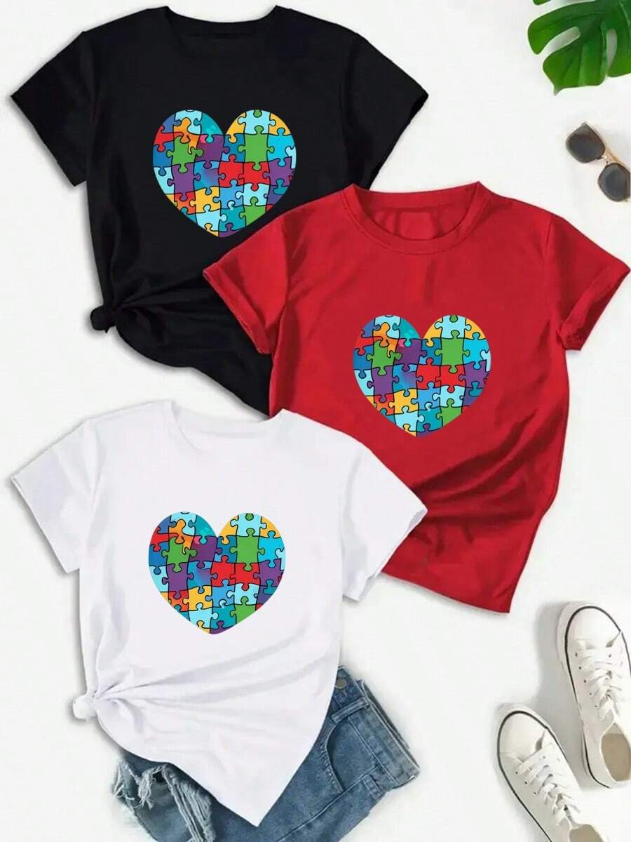 Camiseta casual de mujer, 100% algodón, con estampado gráfico de corazón, camiseta de manga corta con cuello redondo casual y cómoda, ropa de primavera y verano, adecuada para cualquier ocasión, color sólido, casual, uso diario. - Negro - Ver 1