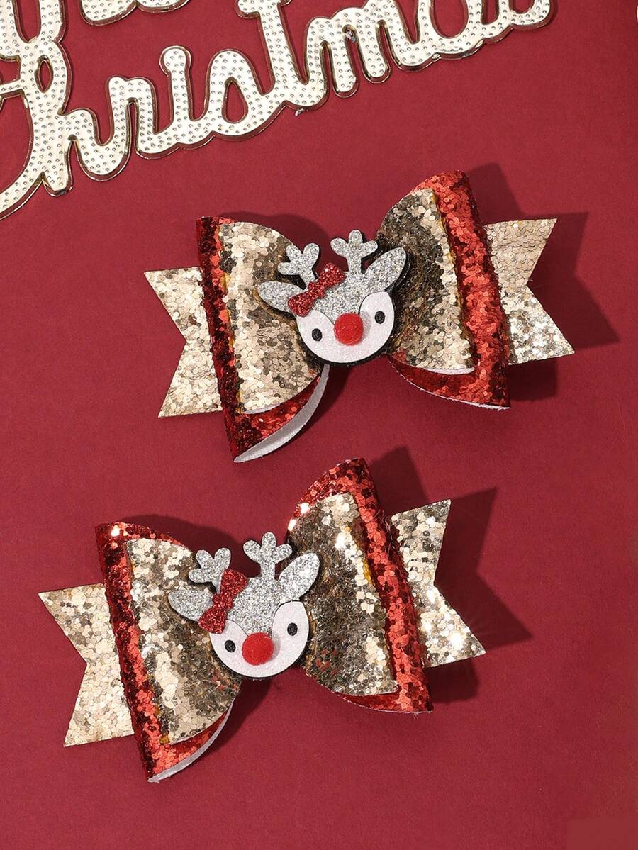 2pcs Christmas Bow Hair Clips For Girls Christmas Sparkly Glitter Reindeer Alligator Clips Red Festive Reindeer Hair Bows Cute Bangs Clips New Year Party Hairpins Cute Barrettes Gift Teens Hair Accessories - Multicolor - View 1
