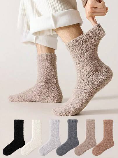 2/4/6 Pairs Coral Fleece Mid-Calf Socks, Warm Thickened Men's Sleepwear Socks, Soft & Skin-Friendly