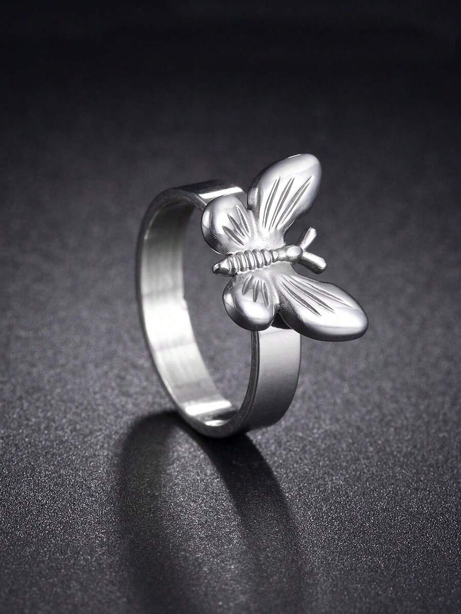 1 pieza Anillo de acero inoxidable elegante con mariposa, adecuado para uso diario