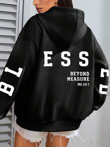 Plus Size Women's Daily Letter "ESS", Text "BEYOND MEASURE" "ME 24:7" And Sleeve Letter Pattern Hooded Long Sleeves Casual Spring/Summer/Fall Women's Plus-Size Long-Sleeved Sweatshirt Christmas Going Out Tops Women, Vacation Outfits Women - Black - View 2