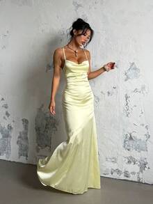1pc Solid Color Elegant Backless Tie Strap Dress, Suitable For Party, Wedding, All Seasons - Green - View 3