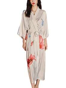 Daiwor Kout - de seda larga de satén japonesa para mujer, de baño suave y sedosa, ligera, de baño de verano - Blanco (blanco floral) - Ver 5