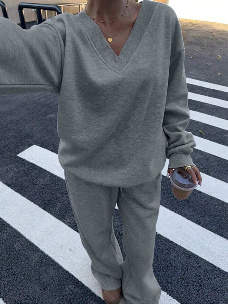 大码女式罗纹V领休闲宽松运动衫和直筒裤套装 - 灰色 - 查看 1