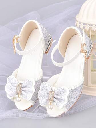 女童高跟凉鞋，白色儿童礼服鞋，生日派对表演鞋