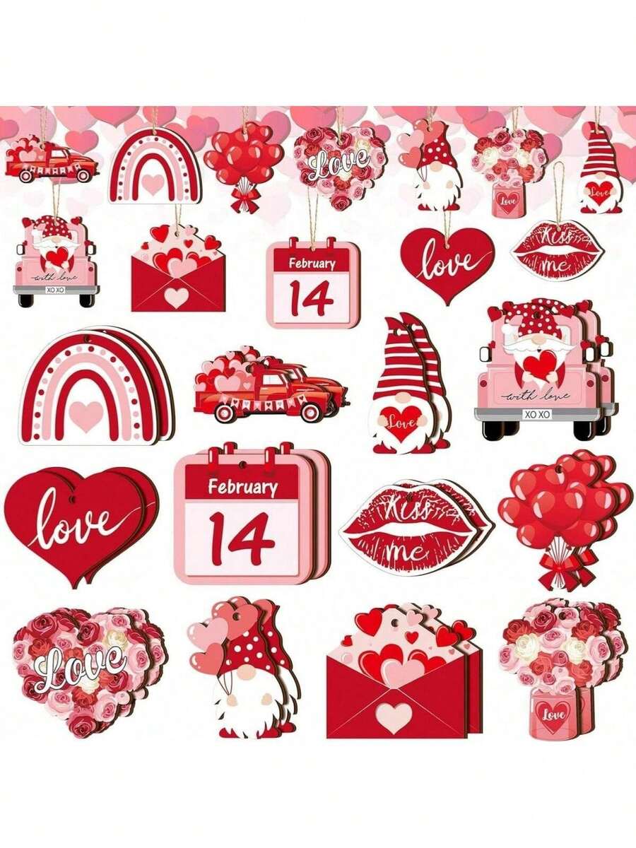 12pcs/Set Valentine's Day Wooden Hanging Ornaments, Decorative Gnomes Joyful Valentine's Day Decor Hanging Ornaments, Decorations With Strings For Party