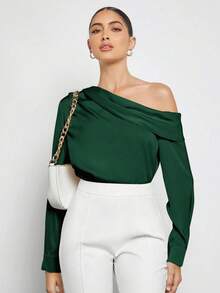 Women's Blouse With Asymmetrical Neckline, Long Sleeve, Social, Comfortable Fashion - Verde - Ver 4
