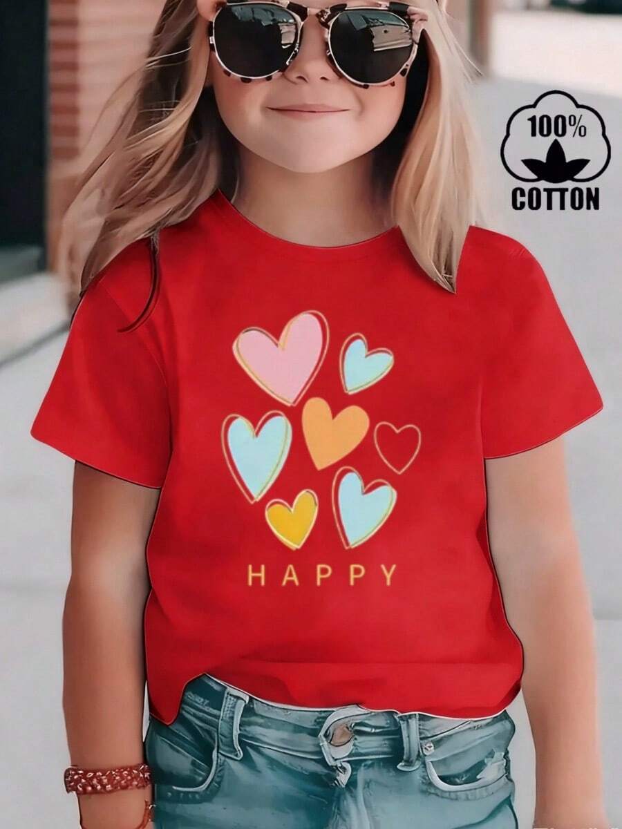 Esta elegante y nueva camiseta de manga corta para niña, 100 % algodón, luce un bonito estampado de corazones. Hecha de tela suave, esta camiseta holgada y versátil es cómoda y agradable al tacto. Ya sea para una reunión familiar, una actividad escolar o para jugar, esta camiseta permite que tu hija se mueva con libertad y comodidad. - Rojo - Ver 1