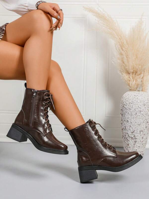 Women's Punk Style Lace-Up Side Zipper Classic Short Boots