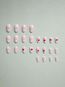 24 Peças Unhas Postiças Ovais Curtas, Manicure Francesa de Bolinhas Curtas, Padrão de Joaninha, Unhas Falsas de Cobertura Total Brilhante, Suprimentos de Arte de Unhas DIY, Adequado para Mulheres para Uso Diário, Datas, Festas no Outono/Inverno