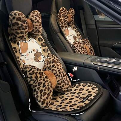 1pc Leopard Print Car Seat Cushion, Cute Cartoon Cat, Comfortable Plush Warm Car Seat Cover, Universal Car Seat Pad For Autumn/Winter