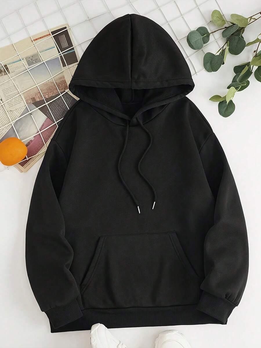 Women's Casual Solid Color Pullover Hoodie, Long Sleeve Round Neck Sweatshirt, Warm Sports American Style Autumn/Winter Jacket - Autumn/Winter New Arrivals: Unisex Casual Loose-Fit Cotton Blend Long-Sleeve Hooded Sweatshirt - 黑色 - 查看 1