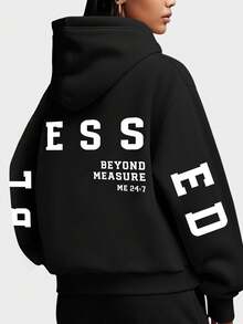 Plus Size Women's Daily Letter "ESS", Text "BEYOND MEASURE" "ME 24:7" And Sleeve Letter Pattern Hooded Long Sleeves Casual Spring/Summer/Fall Women's Plus-Size Long-Sleeved Sweatshirt Christmas Going Out Tops Women, Vacation Outfits Women - Black - View 1