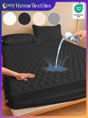 1 pieza Sábana ajustable resistente al agua de unicolor, ropa de cama, múltiples opciones de color, funda de colchón suave y cómoda, protector de colchón amigable con la piel, hecho de tela moderna y minimalista, para cama individual, doble, king, queen, lavable a máquina, protección antipolvo, solo una sábana ajustable (excluye fundas de almohada y almohadas), decoración de dormitorio, decoración de habitación, cubierta de cama, negro, Oeko-Tex