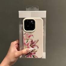 极简白色花卉元素时尚单件装白色荔枝纹理哑光简约镜头保护手机壳，鲜艳兰花图案，个性化定制，兼容 16 Pro Max、15/14 Plus、13、12、11，兼容三星系列 - 彩色 - 查看 3