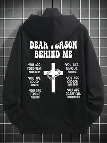 K-GLORY 男士休闲街头风连帽衫，十字架元素及英文标语印花，秋冬款 - 黑色 - 查看 6