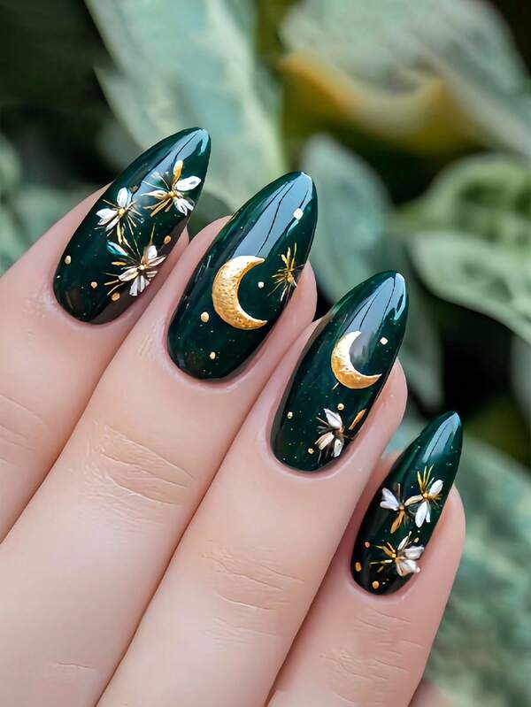 24 Peças Unhas Acrílicas Prensadas de Amêndoa Média na Cor Verde com Design Brilhante de Lua Dourada e Flor de Folha, Cobertura Completa de Unhas Falsas Brilhantes para Uso Diário, Encontros e Festas para Mulheres e Meninas no Outono e Inverno