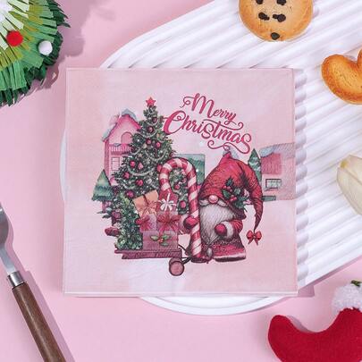 20 peças/40 peças/60 peças, guardanapos de pano laváveis de gnomo rosa para coquetel de Natal, 6,5 x 6,5 polegadas, guardanapos de mesa reutilizáveis de floco de neve rosa de inverno para festa de casamento, guardanapos de jantar com tema de árvore de Natal de Papai Noel para cozinha, banheiro, feriado de inverno