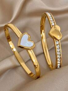 18K 镀金不锈钢奢华优雅心形珍珠母贝锆石手镯套装，适合女士，甜美珠宝妈妈礼物圣诞节感恩节万圣节婚礼狂欢/舞会/派对/日常配饰周年纪念情人节波西米亚珠宝生日伴娘礼物 - 彩色 - 查看 11