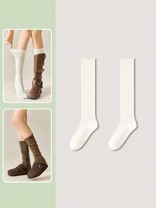2 Pairs Women's Socks, Autumn/Winter, Suitable For Riding Boots, Fashion Solid Color Ruffle Trim Over,The,Knee Socks, Cozy Socks - Multicolor - View 10