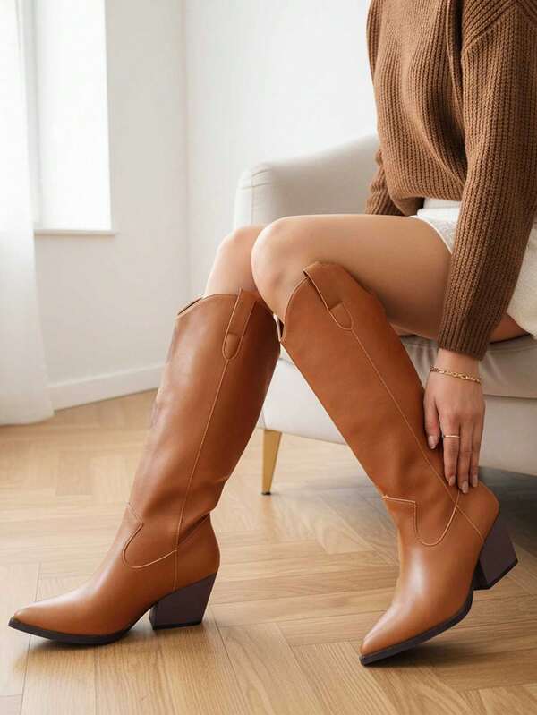 بوت نسائية موضة الشتاء الجديدة ذات كعب سميك وأصبع قدم مدبب، بوت غربية كلاسيكية رجعية متوسطة الساق، تصميم موحد اللون مريح ومتعدد الاستخدامات، بوت خفيفة الوزن مانعة للانزلاق مناسبة لمهرجانات الموسيقى والعطلات والسفر