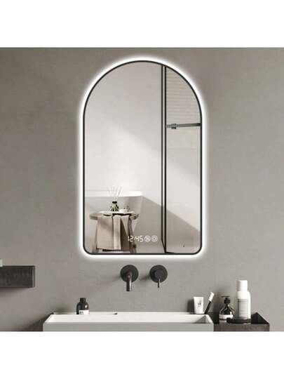 60 120 Cm Arched LED Bathroom Mirror, Time Temperature Display, Backlit, Anti Fog, Dimmable, Three Temperatures Moderne Vanity Ideal Above The Sink, Zwart Frame view 2