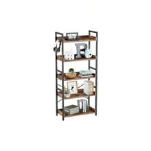 Bookshelf 5 Tier With 4 Hooks, Industrial Wood Bookcase, Vintage Storage Rack With Open Shelves, Rustic Standing Bookshelves Display Rack Living Room, Bedroom, Rustic Brown - Rustic Brown + 5 Tier - 23.6"W - View 9