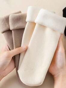 3 Pairs Of Women's Earth Color Snow Socks, Autumn And Winter Vertical Crew Socks, Fluffy Socks, And Warm Floor Socks With Wool Thickening, Suitable For Everyday Wear And Various Occasions,Random Color, Cozy Socks