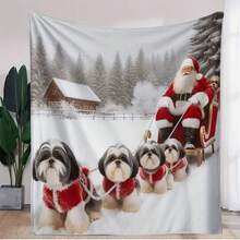 1pc Flannel Throw Blanket - Shih Tzu Dogs & Santa Sled Winter Scene - Soft Cozy All-Season Bedspread - Red & White Design - Washable Bed, Sofa, Office, Dorm, Car - Holiday Pet Lovers - Shih Tzu Dog Lover's Home Decor - Festive Pomeranian & Shih Tzu Print - Plush Flannel Fabric - Dust-Proof & Warm - Camping & Naps, Blankets - Multicolor - View 7